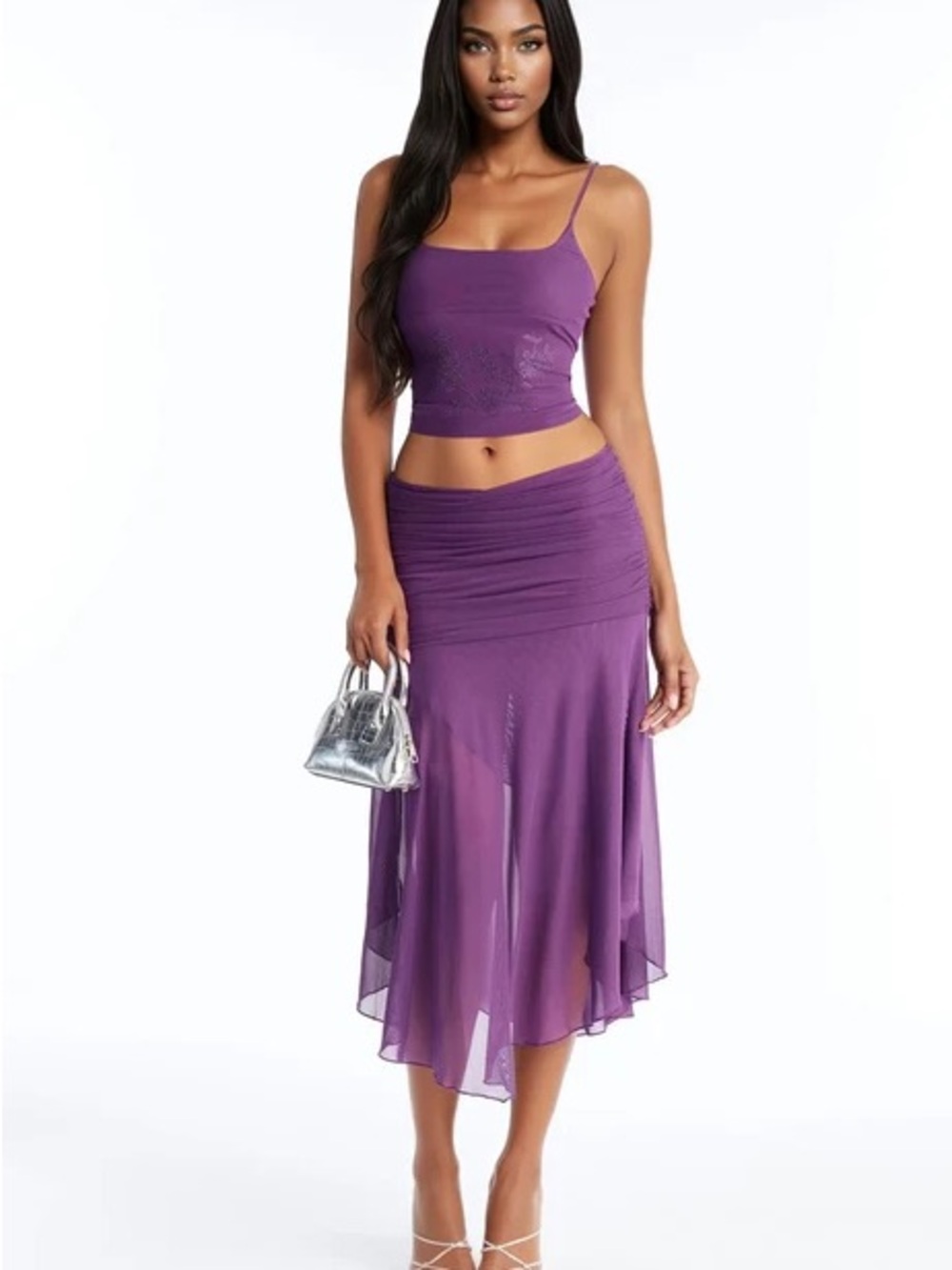 Fashion Nova Purple High-Low Sheer Midi Skirt